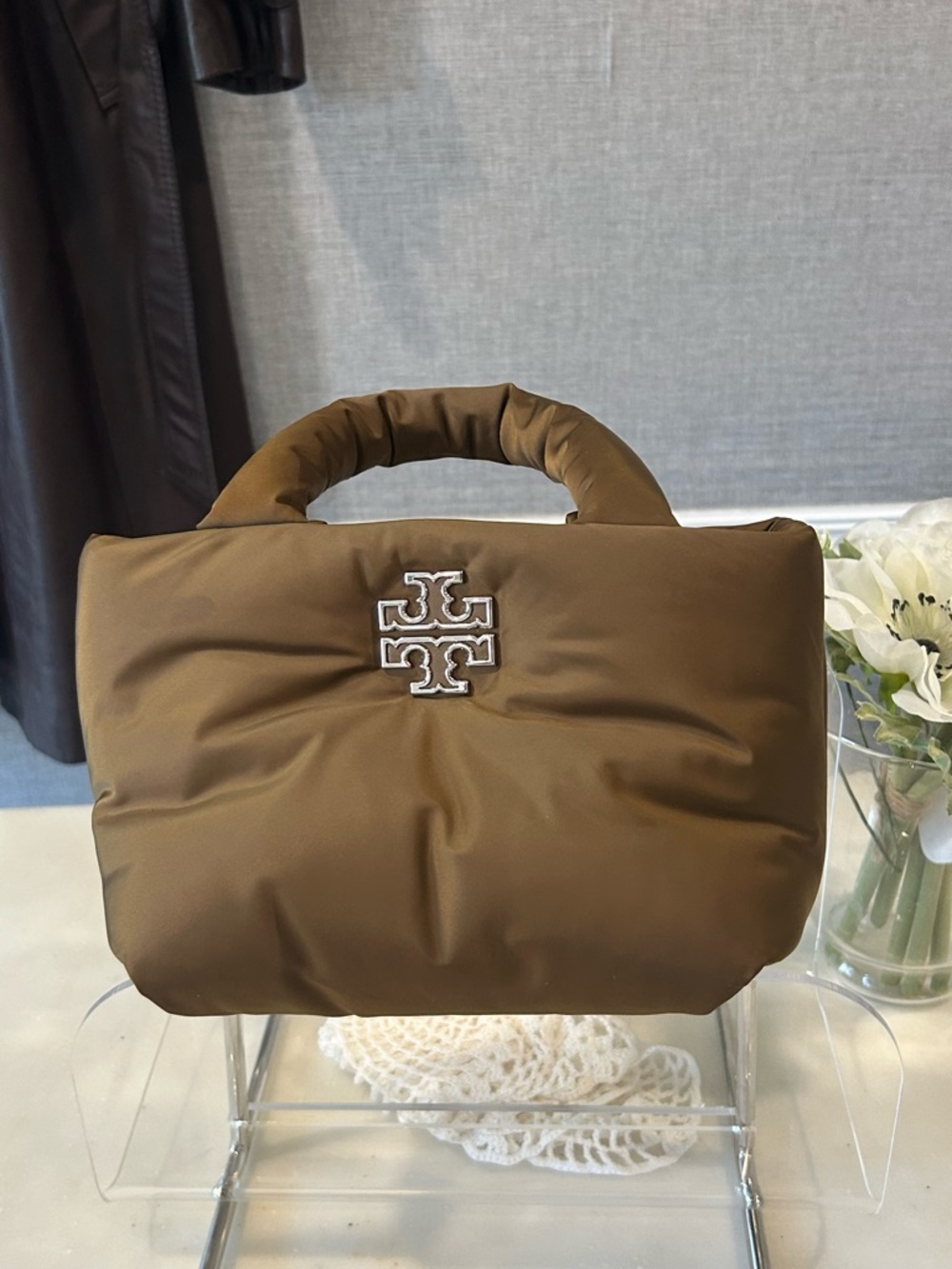 Tory Burch Olive Brown Puffer Top-Handle Tote